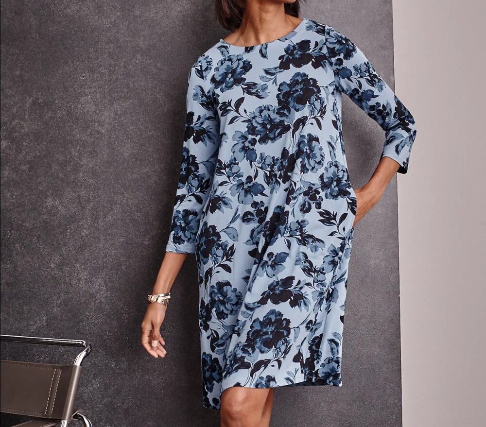 J Jill Dress Small Floral Wearever Stretch Knit Comfort Casual Cottage Blue